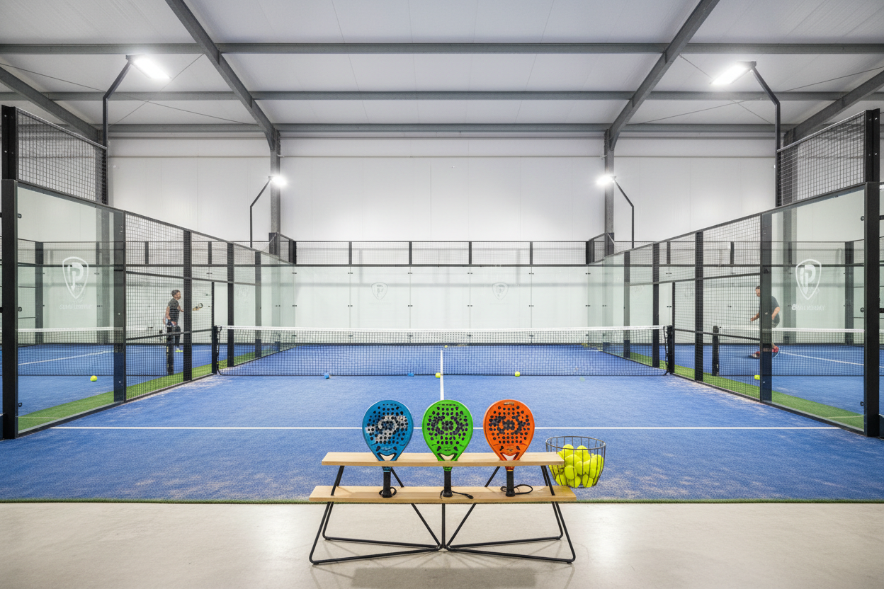 Padel club with rackets and balls